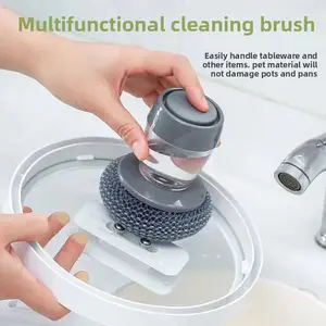 Pot and dish cleaning tool for kitchen use, with liquid dispensing, press-type liquid release, multifunctional cleaning brush for stain and scale removal