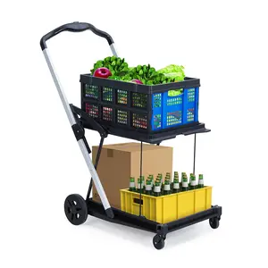 GARVEE Collapsible Shopping Cart with Wheels, Foldable Grocery Cart Featuring Removable Storage Crate, 2-Tier Portable Utility Cart Ideal for Home, Groceries, Supermarket, and Travel Use