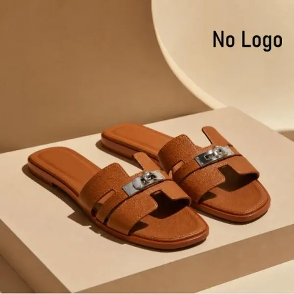 Elegant Brown Leather Slippers with Silver Buckle Design for Women's Comfortable Footwear Flat Summer Pedal Tsinelas Kitchen Weight