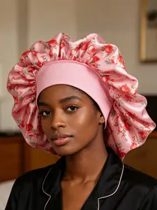 Women's Wide Brim Satin Sleep Cap, High Elasticity Polyester Hair Care Hat, Alcohol-Free, Suitable for Curly Hair, Beauty Sleep Cap, Curly Style