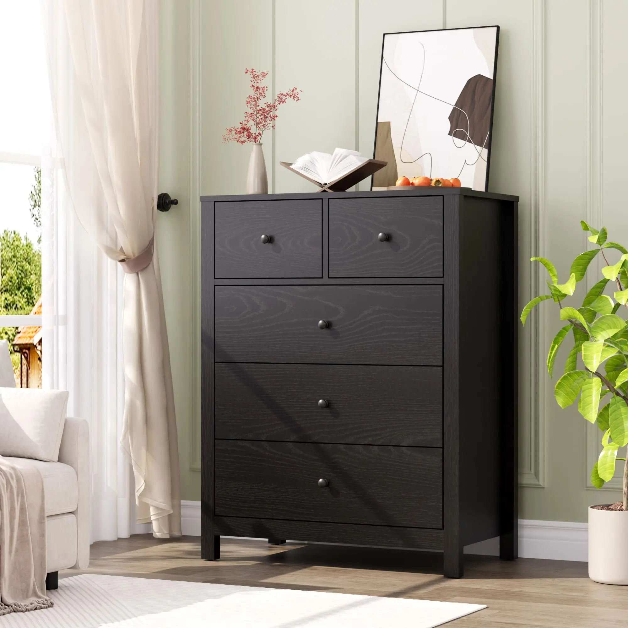 Modern Chest of Drawers, 5 Drawer Dresser for Bedroom, Modern Tall Dresser Organizer with Storage Drawers,Wooden Chests of Drawers for Bedroom, Entryway, Hallway, Home Office