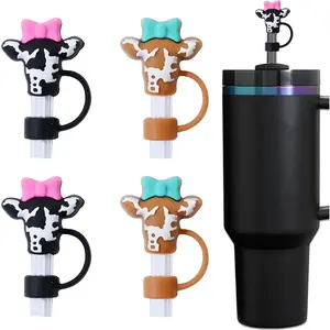 Cow Straw Covers - 4PCs Silicone Straw Toppers with Animal Design Straws Accessories Compatible with 30 40 Oz Stanley Tumbler with Handle