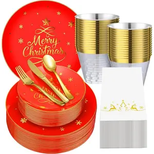 210 Pcs Christmas Plastic Dinnerware Sets Merry Christmas Party Supplies Christmas Disposable Plastic Plates Cups Napkins Forks Knives Spoons Sets(Red, Gold)