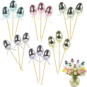 18Pcs Easter Egg Picks Faux Glitter Easter Eggs Decorative Mirror Disco Ball Eggs Pastel Ornaments for Spring Basket Bouquets Floral Arrangement Centerpiece Wreath Party Decor