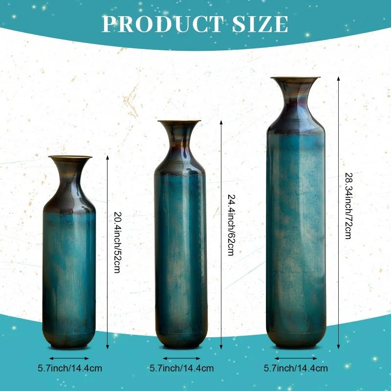 USA Stock Torch-Fired Metal Rustic Flower Vases Set 3 Tall Blue Burnt Finish High Quality Floor Vases for Farmhouse Living Room