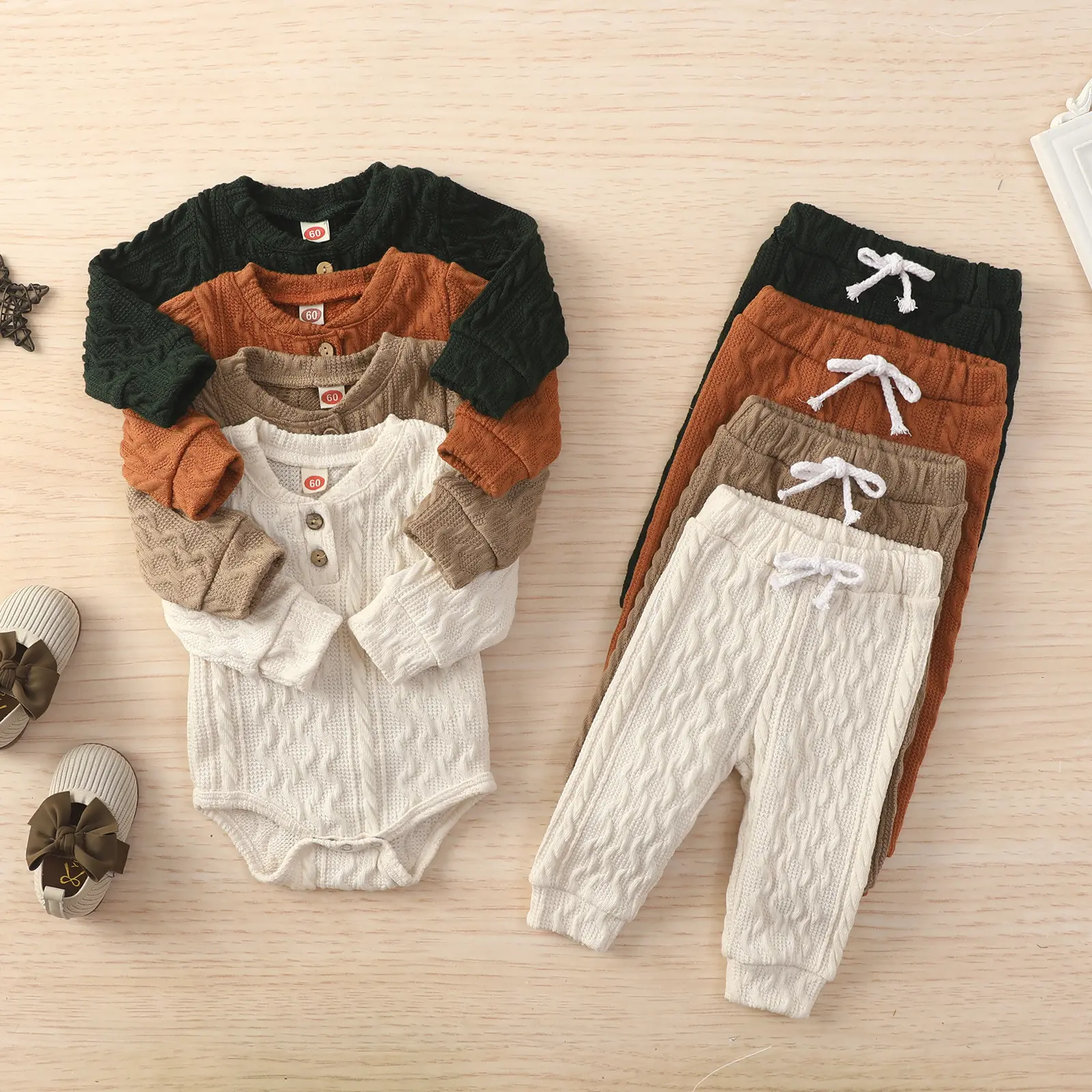 FOCUSNORM Newborn Baby Boy Girl Clothes Ribbed Knitted Cotton Long Sleeve Romper Long Pants Solid Color Fall Winter Outfits