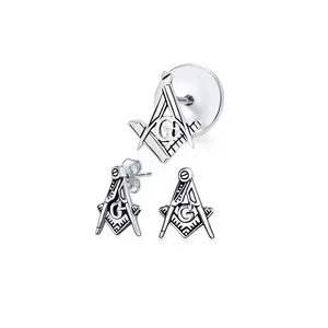 Set of 2 Tiny Masonic Freemason Stud Earrings and Brooch Pin Oxidized Silver