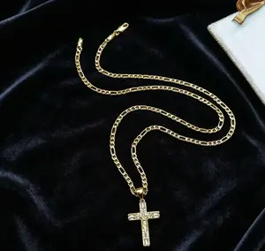 14K Gold Plated Cross Necklace for Women Men, Waterproof Hypoallergenic Jesus Crucifix Pendant, Cubic Zirconia Figaro Chain Necklace, Tarnish Resistant Faith Jewelry | Meaningful Religious Gift for Baptism, Confirmation & Easter