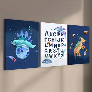 3-Piece Wood Frame Canvas, Space Dinosaur Alphabet Triptych Decorative Poster, Modern Art, Waterproof, for Living Room, Bedroom, Office