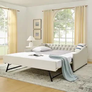 Full Size Daybed with Pop Up Trundle Bed, Modern Linen Upholstered Full Day Bed Frame with USB Ports/Button Tufted/Nailhead Trim, Comfy Sofa Bed for Bedroom, Living Room, Guest Room, Beige