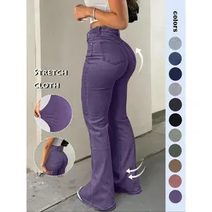 Women's Plain High Waist Flare Leg Jeans, Bell Bottoms Casual Pants Button Fly Pocket Design Bell Bottom Denim Trousers for Fall & Winter Flared Pants, Women's Bottoms for Daily Wear, Gift Set