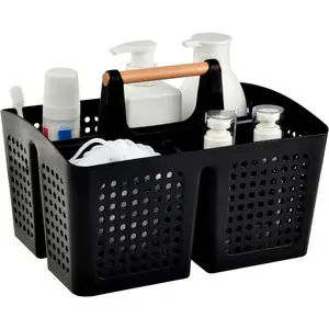Portable Shower Caddy Basket with Compartments, Plastic Divided Cleaning Caddy Organizer Storage Tote with Handle for Bathroom, College, Dorm Room Essentials, Black