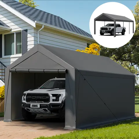 10x20 ft Heavy Duty Steel Carport - 2-in-1 Portable Vehicle Garage Shelter with Removable 180g Airflow Sidewalls, Zip-door Control Zippered Doors, Waterproof All-Season Tarp, Boat & Cargo Cover, Assembly Required for Outdoor Storage familyfun