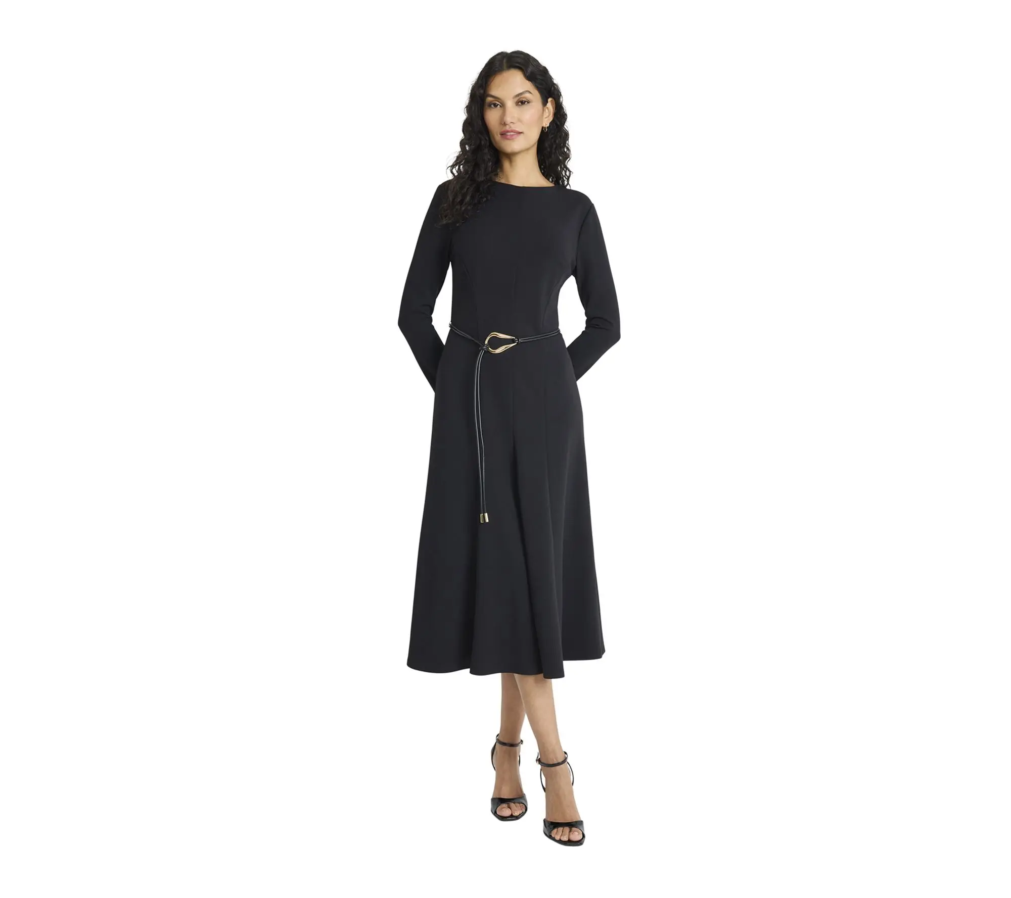 Maggy London Long Sleeve Midi Dress with Tie Belt