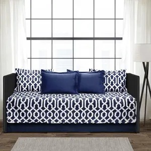 Navy and White Edward Trellis Patterned Daybed Cover Set Includes Bed Skirt, Pillow Shams and Cases, 75" X 39", 6 Piece
