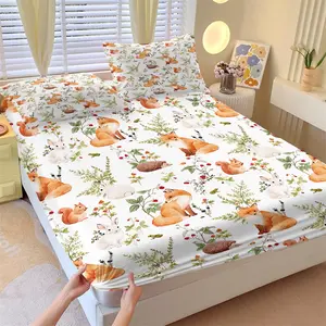 Woodland Animals Fox Rabbit Fitted Sheet Set (3 Pieces, 1 Fitted Sheet + 2 Pillowcases), Whimsical Nature Forest Print Bed Sheet Set, Soft Breathable Bedding for Teens, Kids & Adults Bedroom