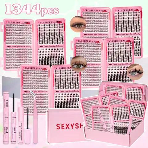 3 style Mixed Lashes Clusters Kit, Makeup Lash Clusters, 1344Pcs Manga&Bunny&Wispy Lash Clusters, C/D Curl Volume Lashes Clusters Kit, Mixed Length, Diy Volume Eyelashes, DIY False Eyelash Extensions Kit, Includes Bond&Seal&Remove&Eyelash Tweezers