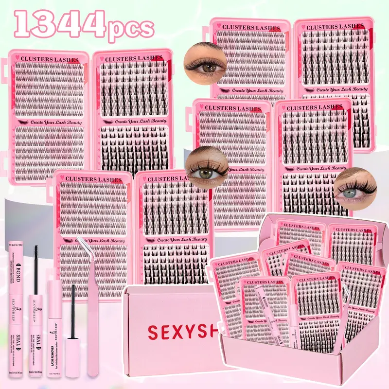 3 style Mixed Lashes Clusters Kit, Makeup Lash Clusters, 1344Pcs Manga&Bunny&Wispy Lash Clusters, C/D Curl Volume Lashes Clusters Kit, Mixed Length, Diy Volume Eyelashes, DIY False Eyelash Extensions Kit, Includes Bond&Seal&Remove&Eyelash Tweezers