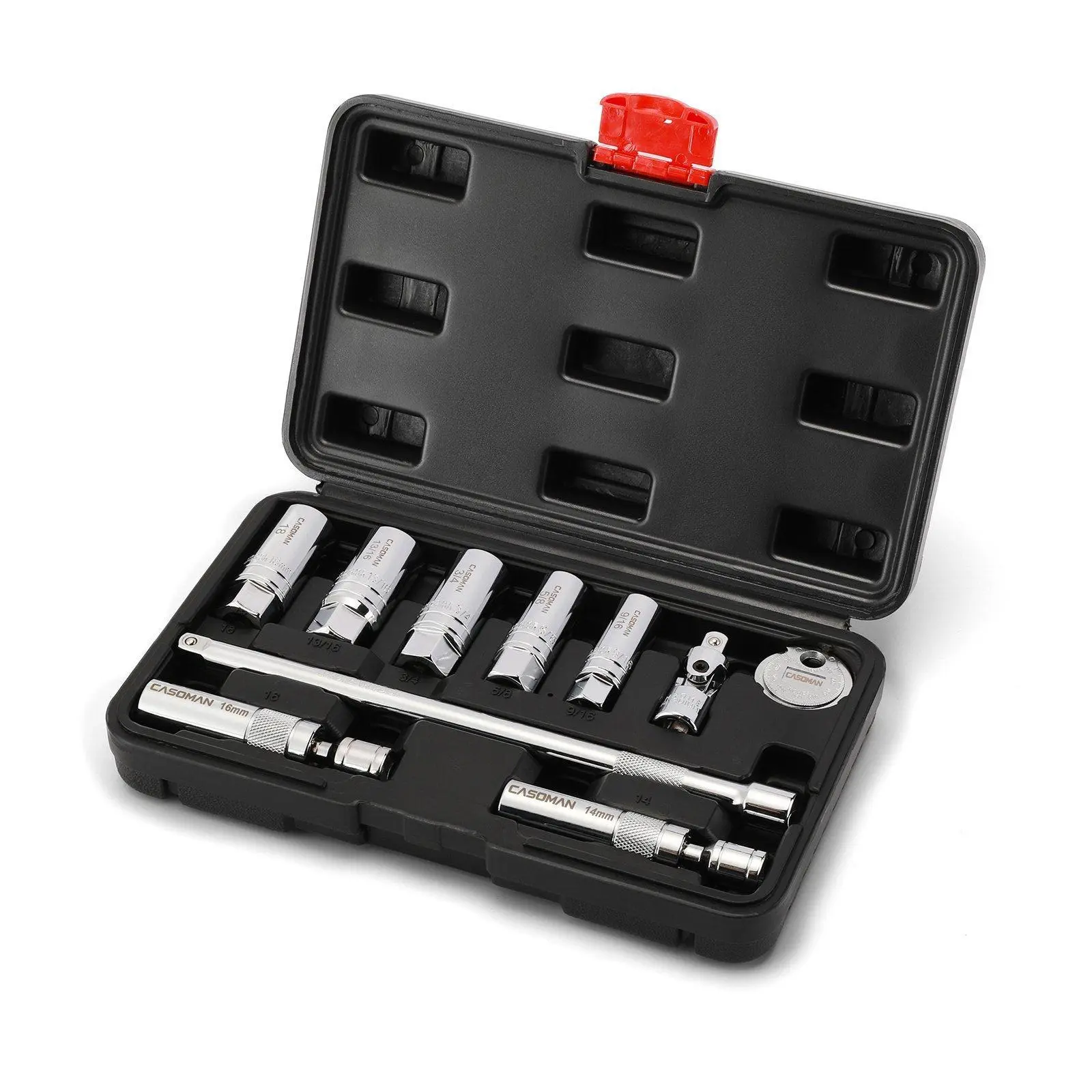CASOMAN 10PCS 3/8" Drive Magnetic Spark Plug Socket Wrench Set - 6PT & 12PT CR-V Steel Hex Sockets, Extension Bar, Universal Joints, Spark Plug Gapper, Magnetic Tips for Automotive Repairs, DIY Enthusiasts (Durability & Reliability), Durability And Reliab