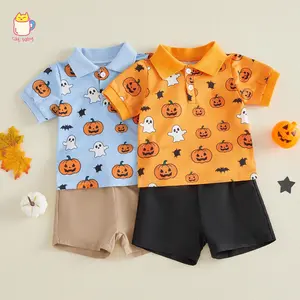 Baby Boy Halloween Outfits Pumpkins Gentlemen Suit Short Sleeve Button Up Shirts Shorts Pants Baby Halloween Clothes