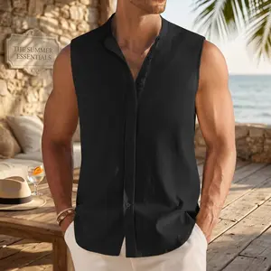 Men's Casual Summer Beach Tank Tops - Sleeveless Button Up Textured Shirts with Banded Collar Perfect for Vacation Cruise Outdoor Activities Lightweight Breathable Comfortable Fashion Style Essential Clothing