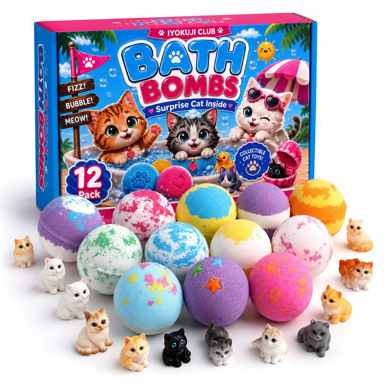 IYOKUJI CLUB 12-Piece Kitten Bath Ball Set (includes 12 toys), Cute Kitten Bath Ball Gift Set, Colorful bubble bath balls paired with kitten bath toys, perfect for birthday gifts and party favors