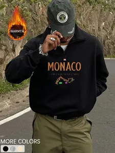 Men's Vintage Half-Zip Pullover Sweatshirts, Sweater, Pure Cotton Blend, City Name Embroidery, High Neck, Casual Fall & Winter Top