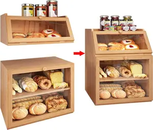 3-Tier Extra Large Double Separable Bamboo Bread Box Storage with Clear Window and Adjustable Compartments for Kitchen Countertop - Natural Finish.
