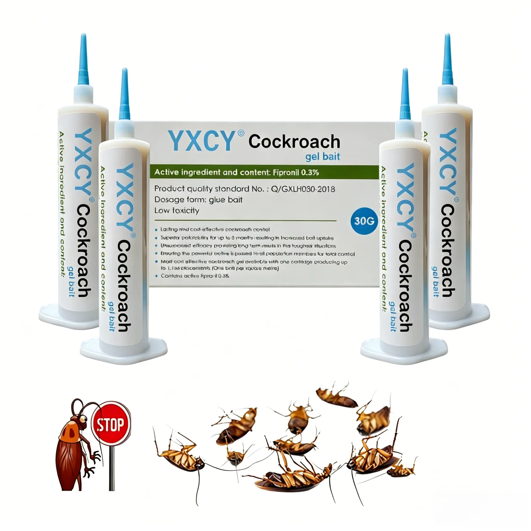 YXCY Cockroach Gel Bait, 4 Tubes x 30-Grams, 1 Plunger and 2 Tips, German Roach InsYXCY Control, Indoor and Outdoor Use, Roach Killer Gel for American, German and Other Major Cockroach Species