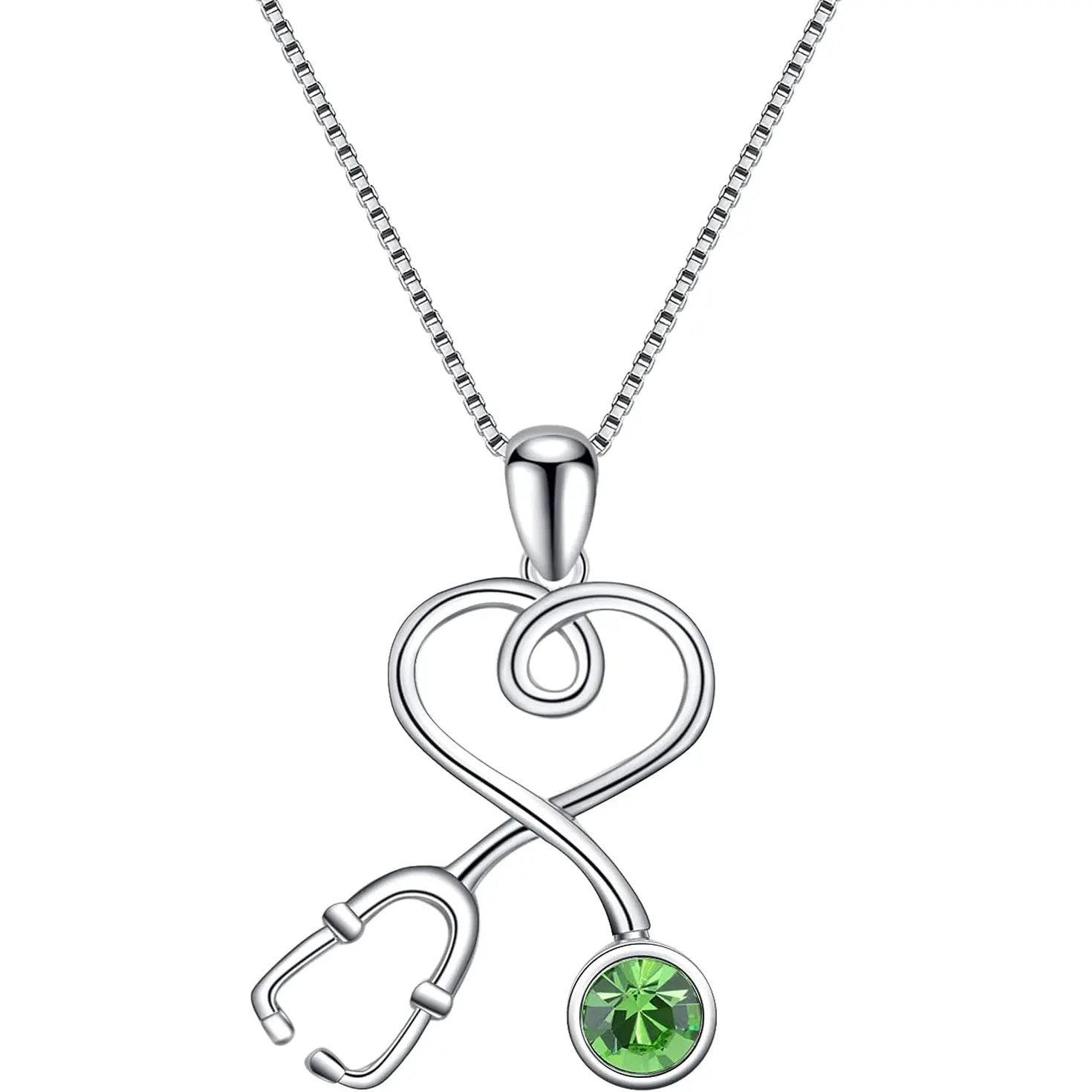 AOBOCO Stethoscope Necklace 925 Sterling Silver Embellished with 12 Months Birthstone Crystals from Austria, Graduation Gifts Medical Jewelry for Doctor Nurse Medical Student RN AOBOCO