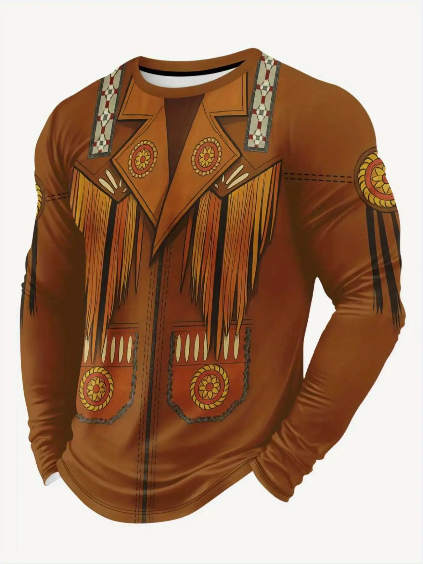 Trendy stylish men's Streetwear Tops Fitted long-sleeved T-shirt with 3D faux folded collar, Geometric tassel print. Suitable for comfortable everyday wear in spring and autumn.