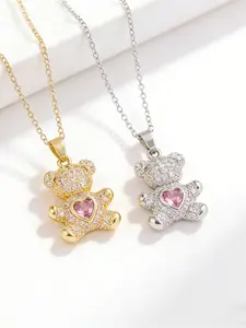 A Delicate and Adorable Pink Heart-Shaped Bear Zirconia Pendant Charm Necklace - Everyday Party Birthday Jewelry Gift - Suitable for Women's Daily Wear - Ideal Valentine's Day | Mother's Day | Anniversary | Birthday Gift Jewelry
