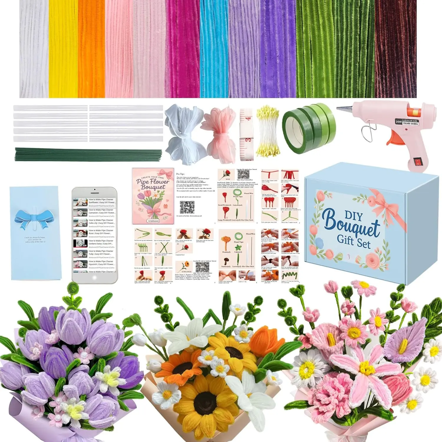 1200-Count Shed-Free 8mm Chenille Stem Pipe Cleaner Flower Kit - Glue, Video Tutorial, Handcraft Supplies, Pipe Cleaner Crafts, DIY Bouquet, Mother’s Day/Valentine’s Day Handmade Gifts for Women