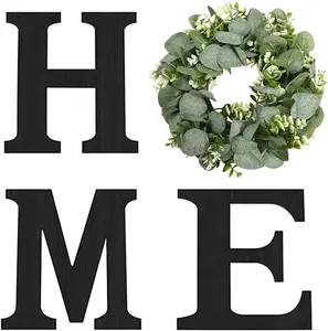 Wood Home Sign with Artificial Eucalyptus Wreath for O, Hanging Farmhouse Wall House Decor Wood Letters for Wall Art Rustic Home Decor, Wall Decor for Living Room Kitchen Entryway (Black) Wooden Ornaments Hangable