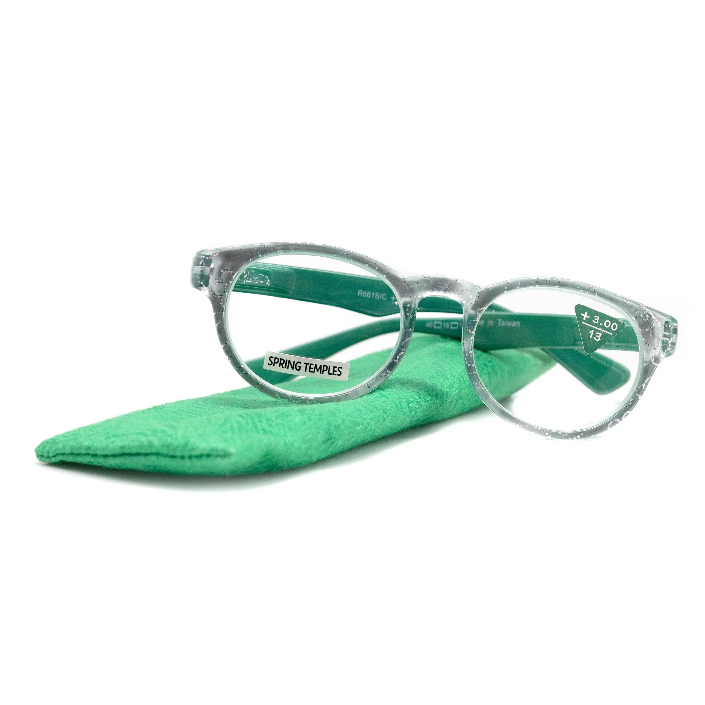 Grace, (Premium) Reading Glasses High End Readers +1.25 ..+3 Magnifying Glasses, Round Frame. (Metallic Silver, Green) NY Fifth Avenue. Unisex Lightweight