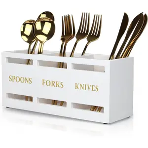 Wood Flatware Silverware White Cutlery Holder Utensils Holder for Wooden Silverware Organizer for Countertop Knife Spoon and Fork Holder Table Utensil Organizer