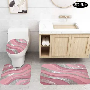 3-Piece Silver Color Flow Art Bathroom Rug Set, Marble Texture Non-Slip Pads, Modern Decor Toilet Lid & U-Shaped Mat