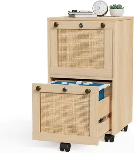 VINGLI 2 Drawer File Cabinet with Lock, Rolling File Cabinets for Home Office, Small File Cabinet Printer Stand, Wood Rattan Oak File Cabinet Under Desk File Cabinet on Wheels for Folders with Tabs