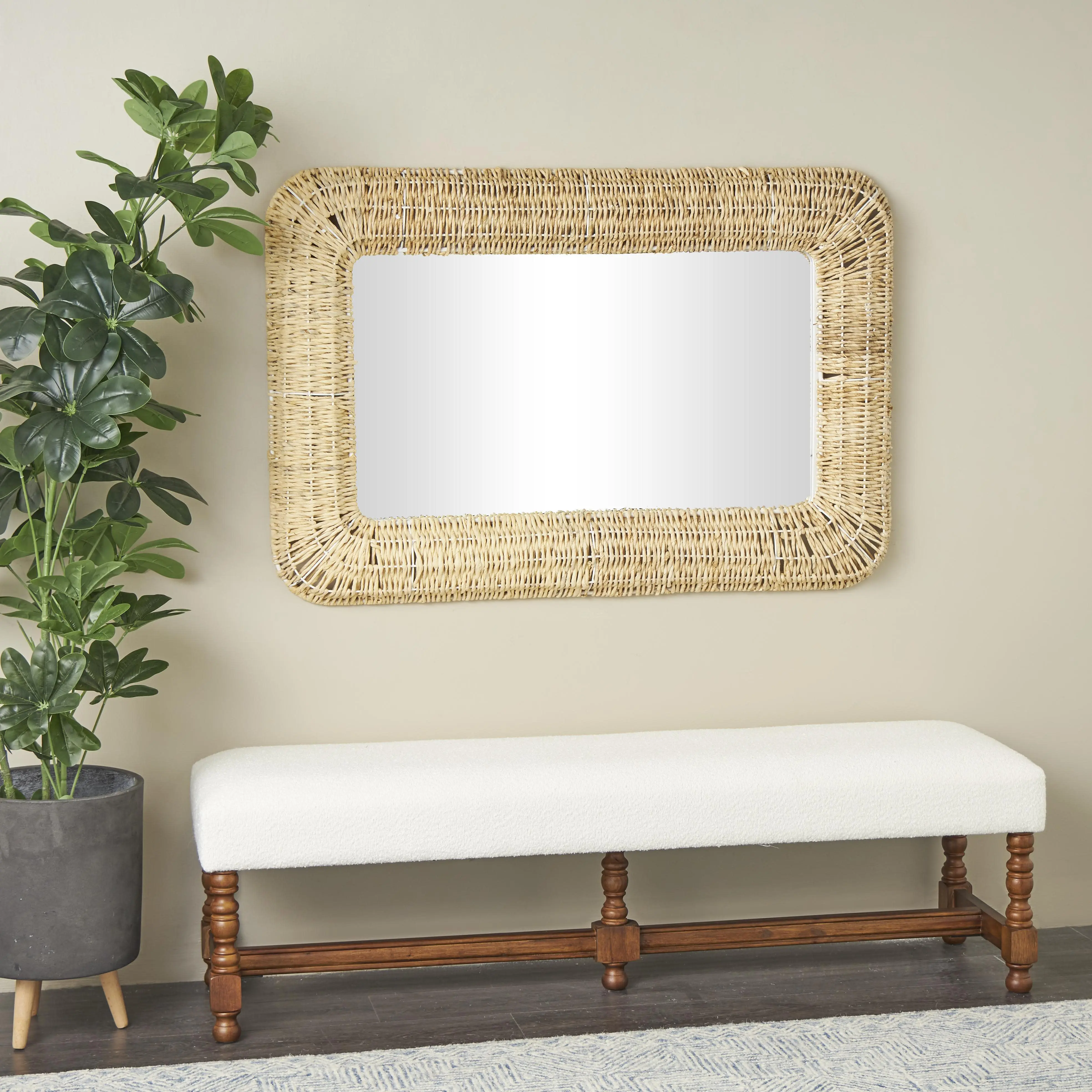 Handmade Brown Jute Rope Woven Wall Mirror, 32"x3"x47" Home Decor for Entryway Room Decor