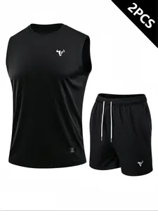 Men's Summer Essential Sporty 2-Piece Set, Street Style Bull Logo, Comfortable Breathable Sleeveless Top + Beach Shorts, Slim Fit