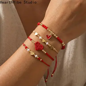 Red String, Heart, and Pearl Gold-Plated Bracelet Set — Braided Cord Design, Adjustable, Ideal for Daily Wear, Complements a Variety of Outfits
