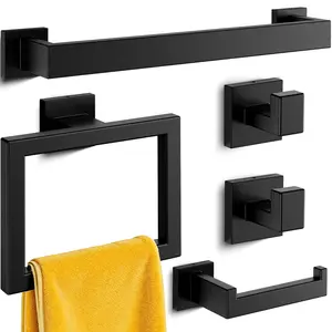 5 Piece Bathroom Hardware Set, Wall Mounted Towel Bar Set with Toilet Paper Holder, Towel Ring & Hooks, Rustproof, Matte Black