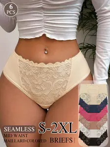 6PCS High Waist Lace Briefs for Women Plus Size | Butt Lifting High Elastic Seamless Panties | Sexy & Elegant Bodycon Underwear Lingerie S-2XL