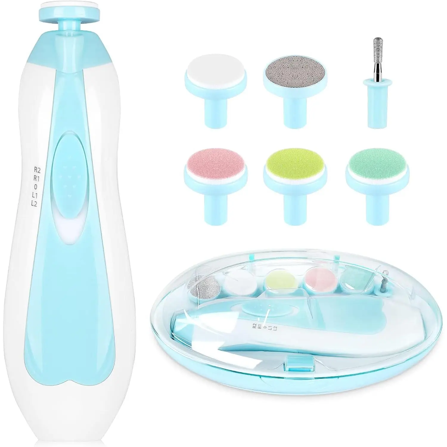 6-in-1 Automatic Electric Baby Nail File Drill Kit - Lightweight Babies Kit with Soft Attachments, Safe No-Claw-Hurt Tool for 0-3 Month Old Infants' Fingers & Toes (Blue), Ultra-Quiet, 0 - 3 Months