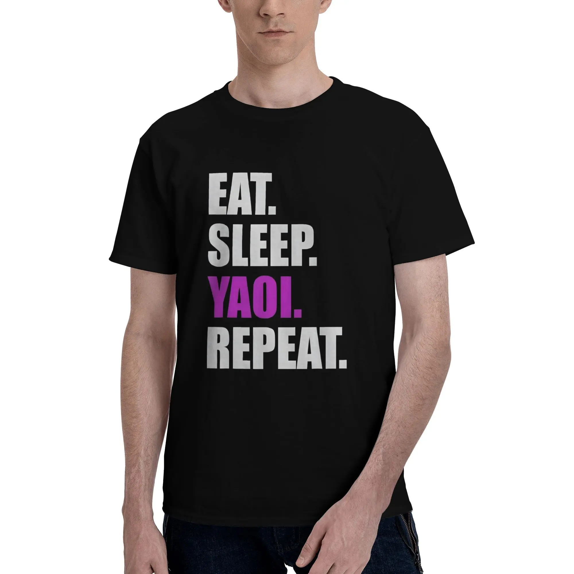 Men's Soft Oversized Short-Sleeve Streetwear Top - Certified Yaoi Addict Tee, Eat Sleep Yaoi Repeat Meme Shirt, BL Anime Fan Round Neck Tshirt