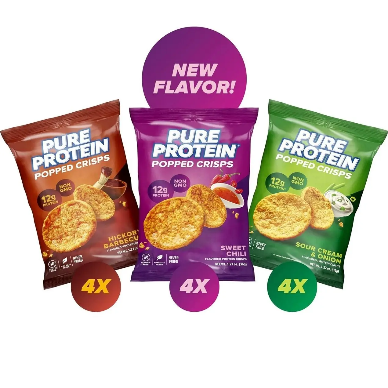 Pure Protein Popped Crisps - Variety Pack: Hickory Barbecue, Sour Cream & Onion, Sweet Chili - 12g Plant Based Protein, Gluten Free, Non GMO, Vegan, Air Popped & Puffed Crisps – Healthy Protein Snacks – 12 Pack