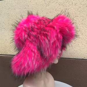Women's Winter Warm Faux Raccoon Fur Hat - Large Brim Bucket Beanie with Elastic, Lime Green & Black Spiky, Lightweight for Cold Weather, Spice Style (Neon/Gloss) - Hand Washable Coat Accessory