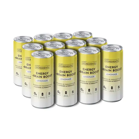 Just Ingredients Lemonade Energy + Brain Boost - 12 Pack - Paraxanthine - Adaptogens & Nootropics - 12 oz Cans - Flavored with Real Fruit - No Added Sugar - BPA-Free Cans