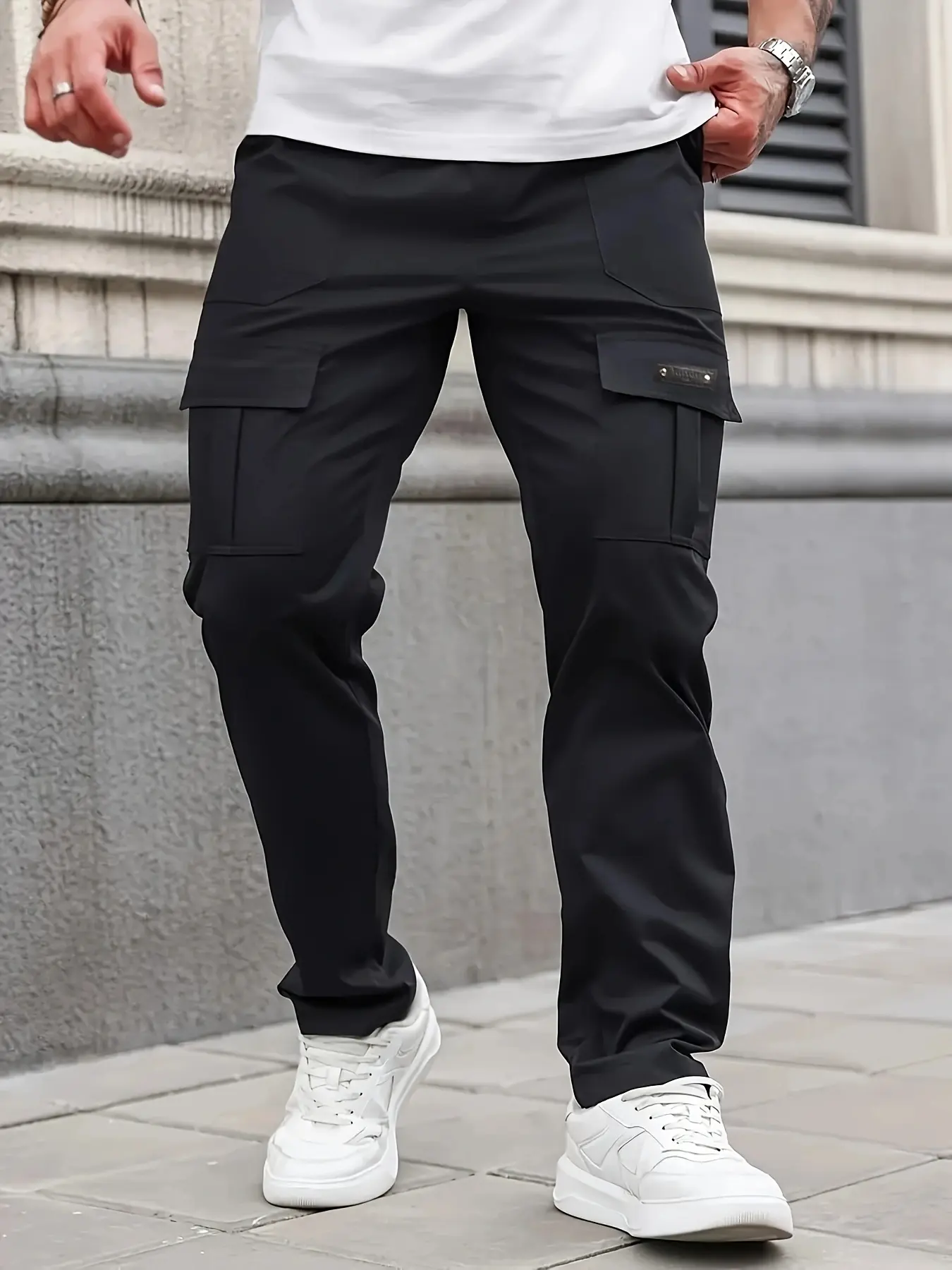Men’s straight cargo pants with elastic waistband, drawstring, snap button, multiple pockets—lightweight outdoor casual trousers