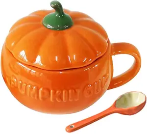 YBK Tech Cute Pumpkin Cup, Ceramic Coffee Mug,  Cup with Lid and Spoon (8.5oz)